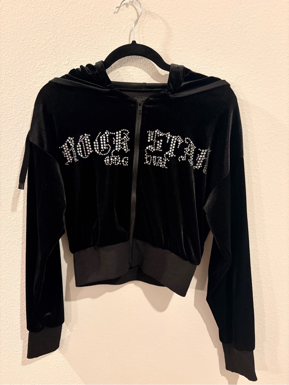 Black Velour Rhinestone Zip Hoodie with Hood